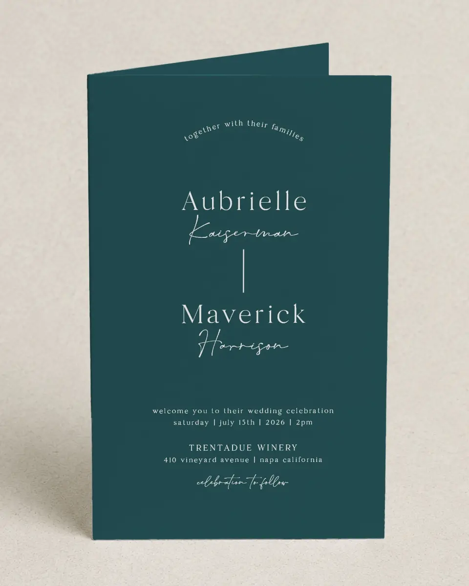 This is a 5" x 7⅞" Folded Half-fold Wedding Program called The Aubrielle printed in full color on Premium Smooth paper