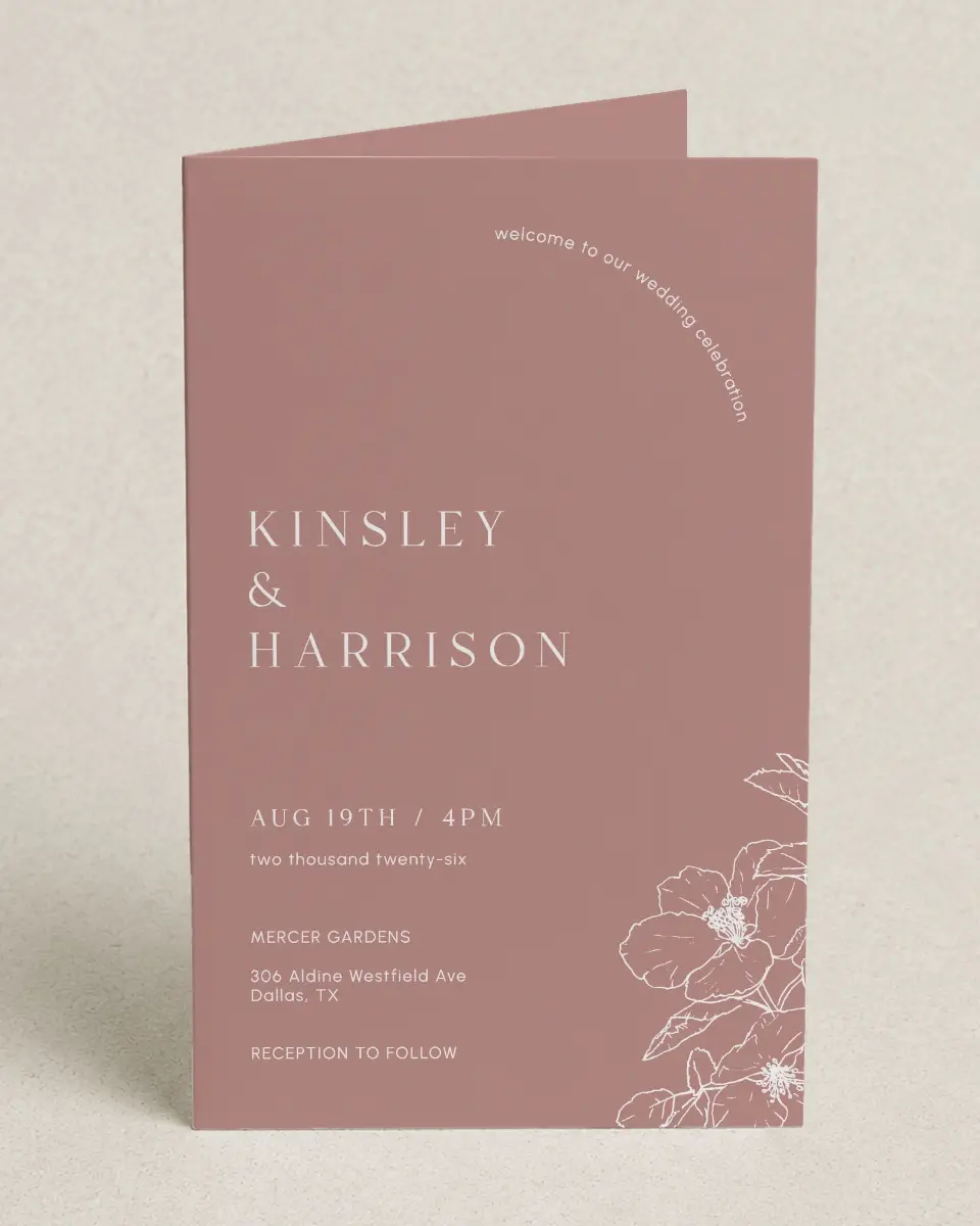 This is a 5" x 7⅞" Folded Half-fold Wedding Program called The Kinsley printed in full color on Premium Smooth paper