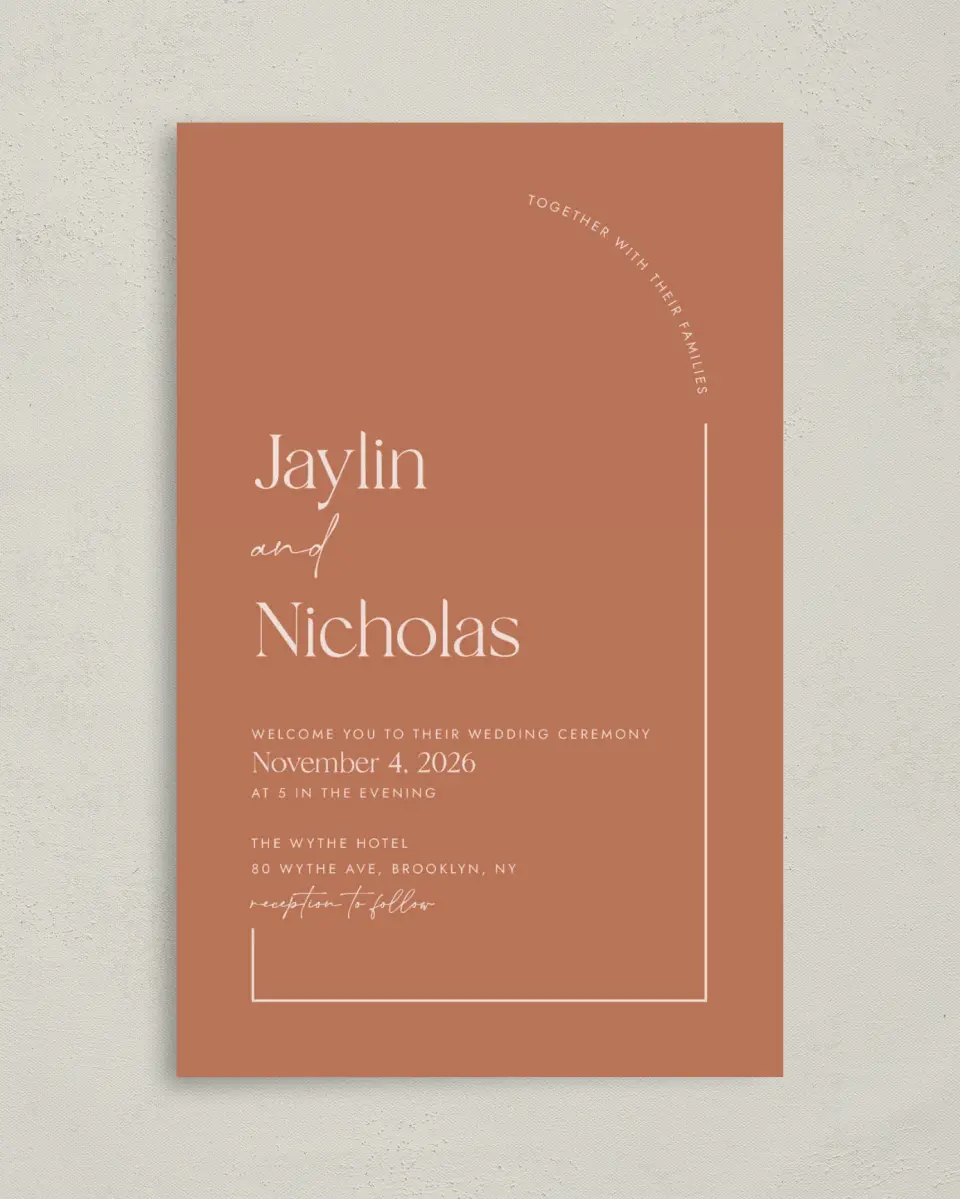 This is a 5" x 7⅞" Folded Half-fold Wedding Program called The Jaylin printed in full color on Premium Smooth paper