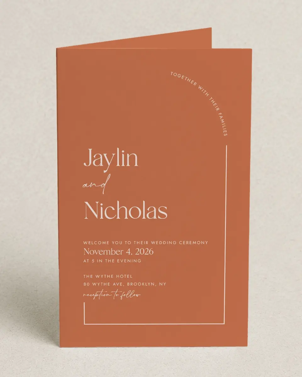 This is a 5" x 7⅞" Folded Half-fold Wedding Program called The Jaylin printed in full color on Premium Smooth paper