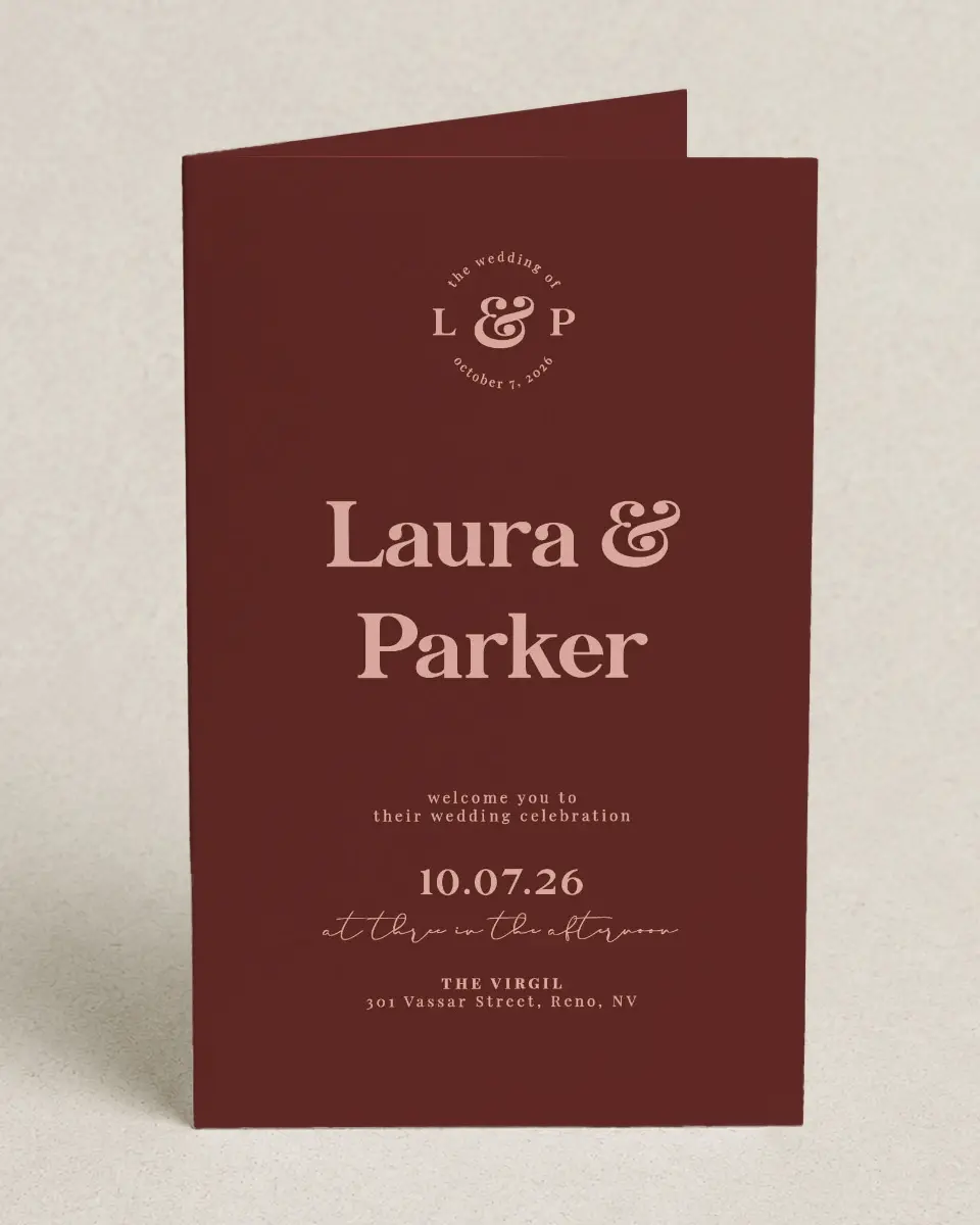 This is a 5" x 7⅞" Folded Half-fold Wedding Program called The Laura printed in full color on Premium Smooth paper