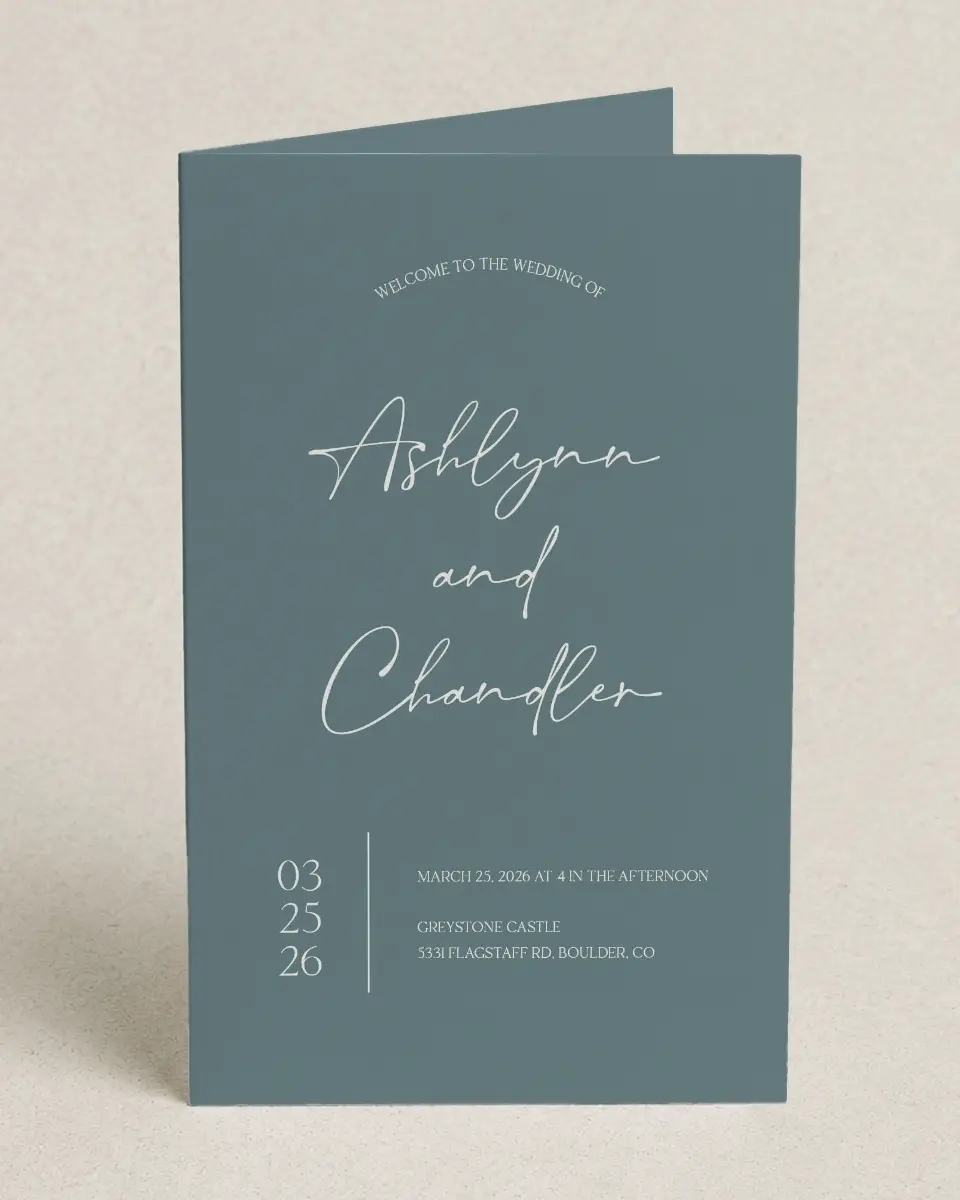 This is a 5" x 7⅞" Folded Half-fold Wedding Program called The Ashlynn printed in full color on Premium Smooth paper