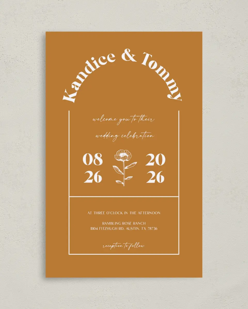 This is a 5" x 7⅞" Folded Half-fold Wedding Program called The Kandice printed in full color with Rose Gold foil on Luxe Satin (coated) paper
