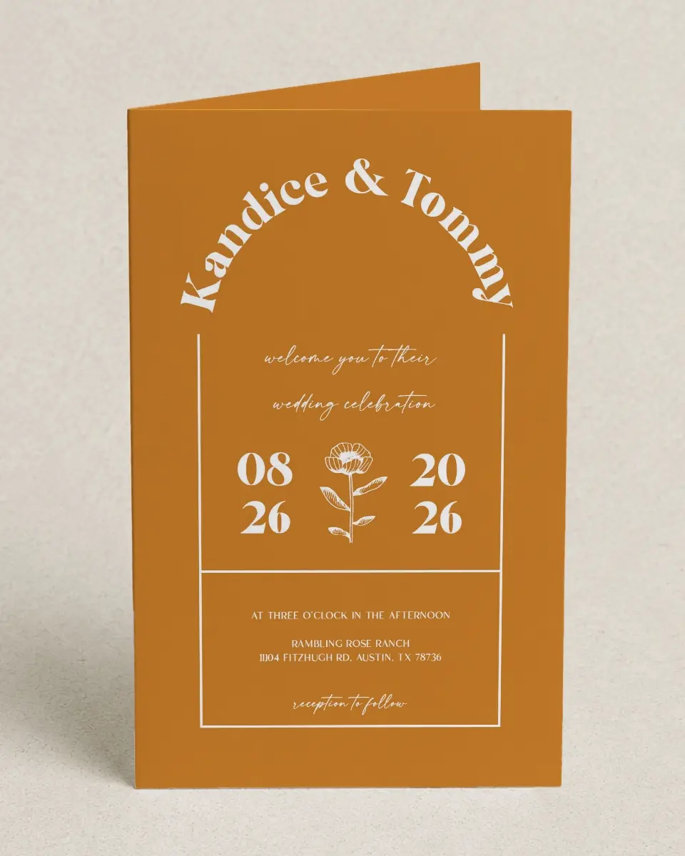 This is a 5" x 7⅞" Folded Half-fold Wedding Program called The Kandice printed in full color on Premium Smooth paper