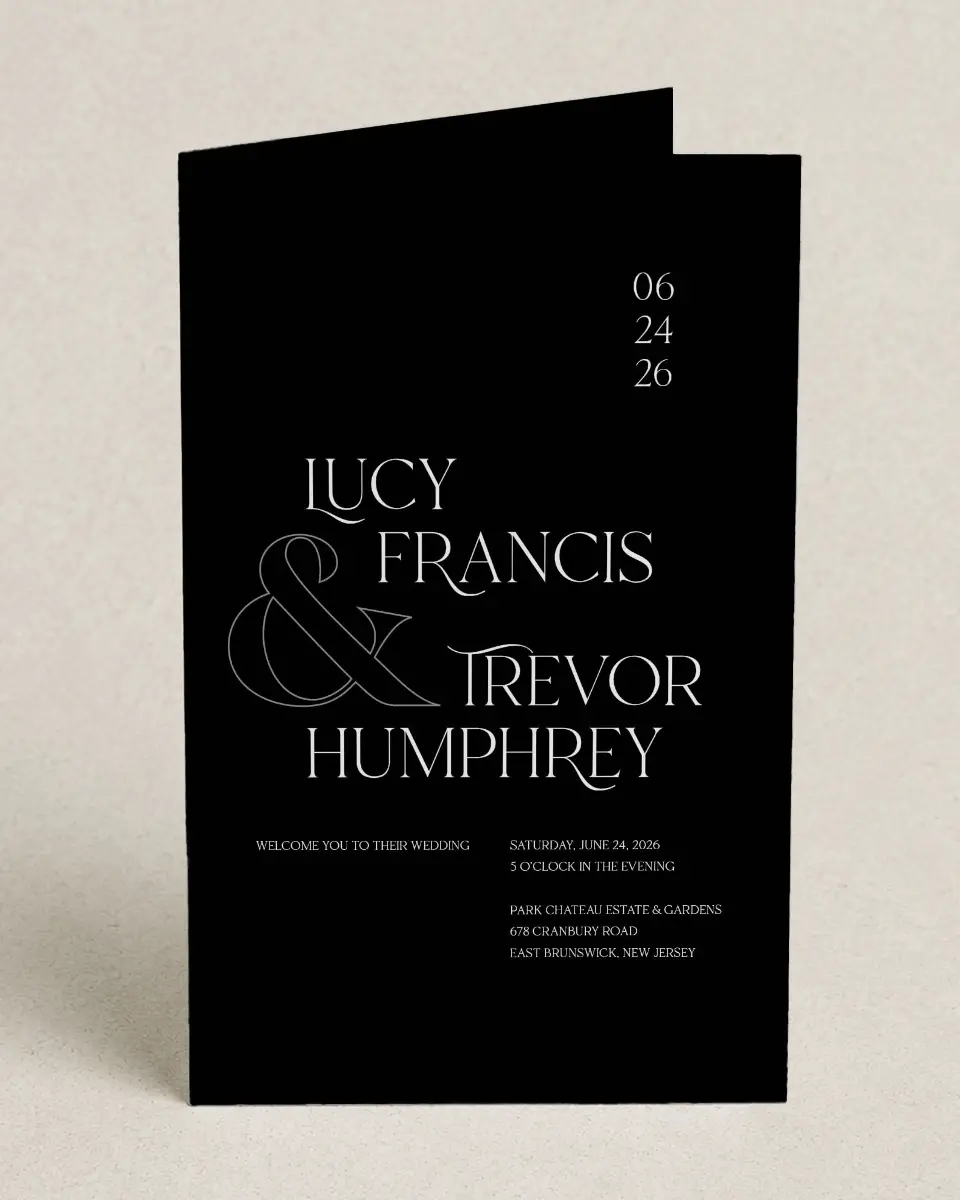 This is a 5" x 7⅞" Folded Half-fold Wedding Program called The Lucy printed in full color on Premium Smooth paper