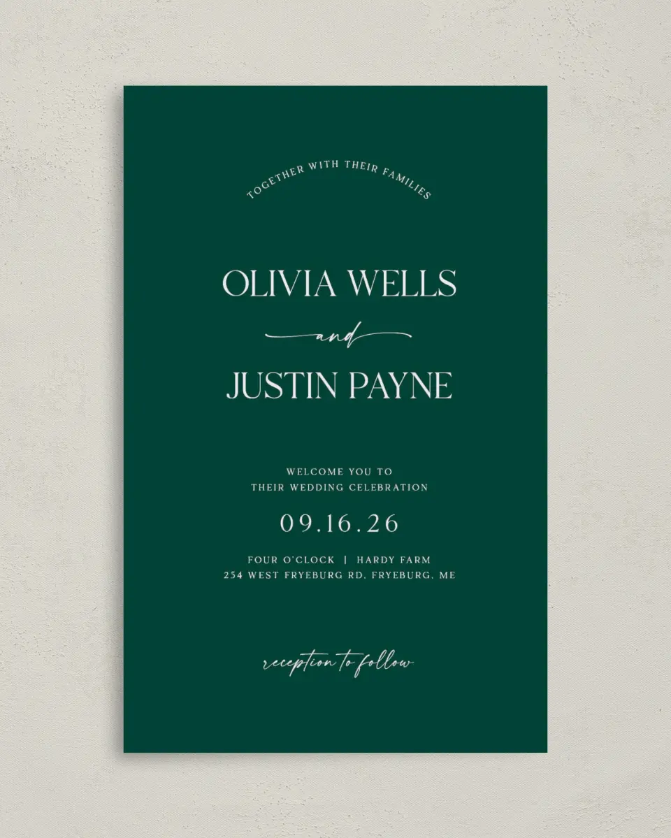 This is a 5" x 7⅞" Folded Half-fold Wedding Program called The Olivia printed in full color with Rose Gold foil on Luxe Satin (coated) paper