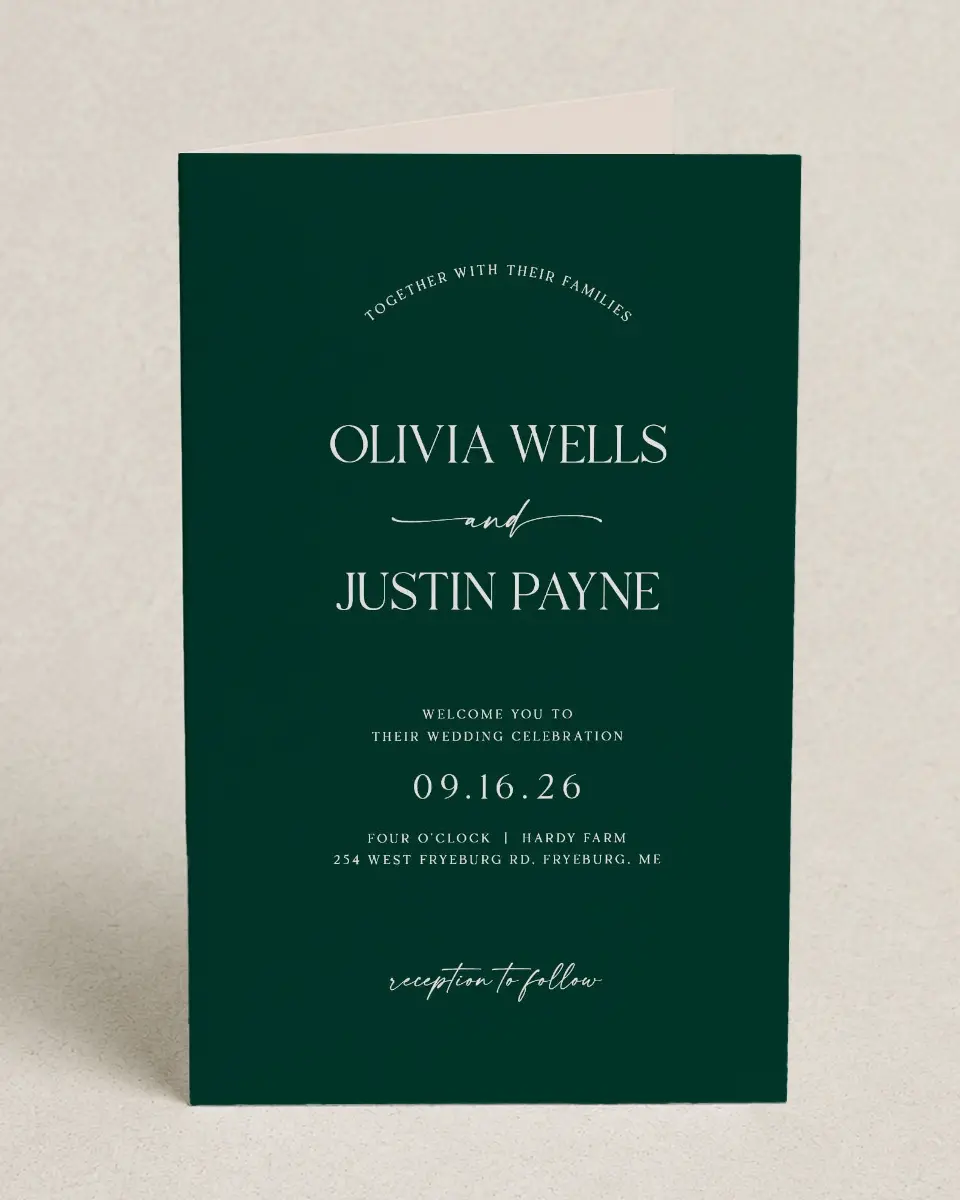 This is a 5" x 7⅞" Folded Half-fold Wedding Program called The Olivia printed in full color on Premium Smooth paper