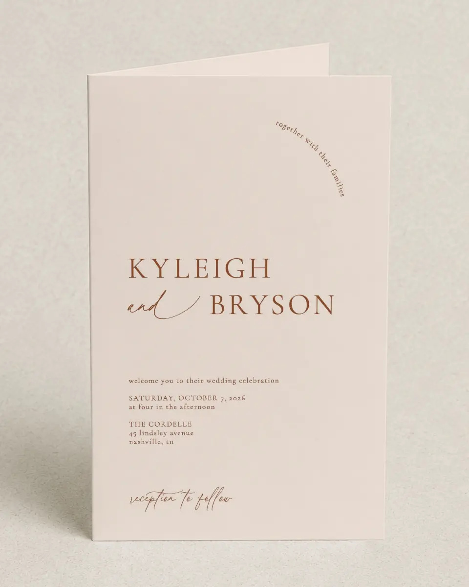 This is a 5" x 7⅞" Folded Half-fold Wedding Program called The Kyleigh printed in full color on Premium Smooth paper