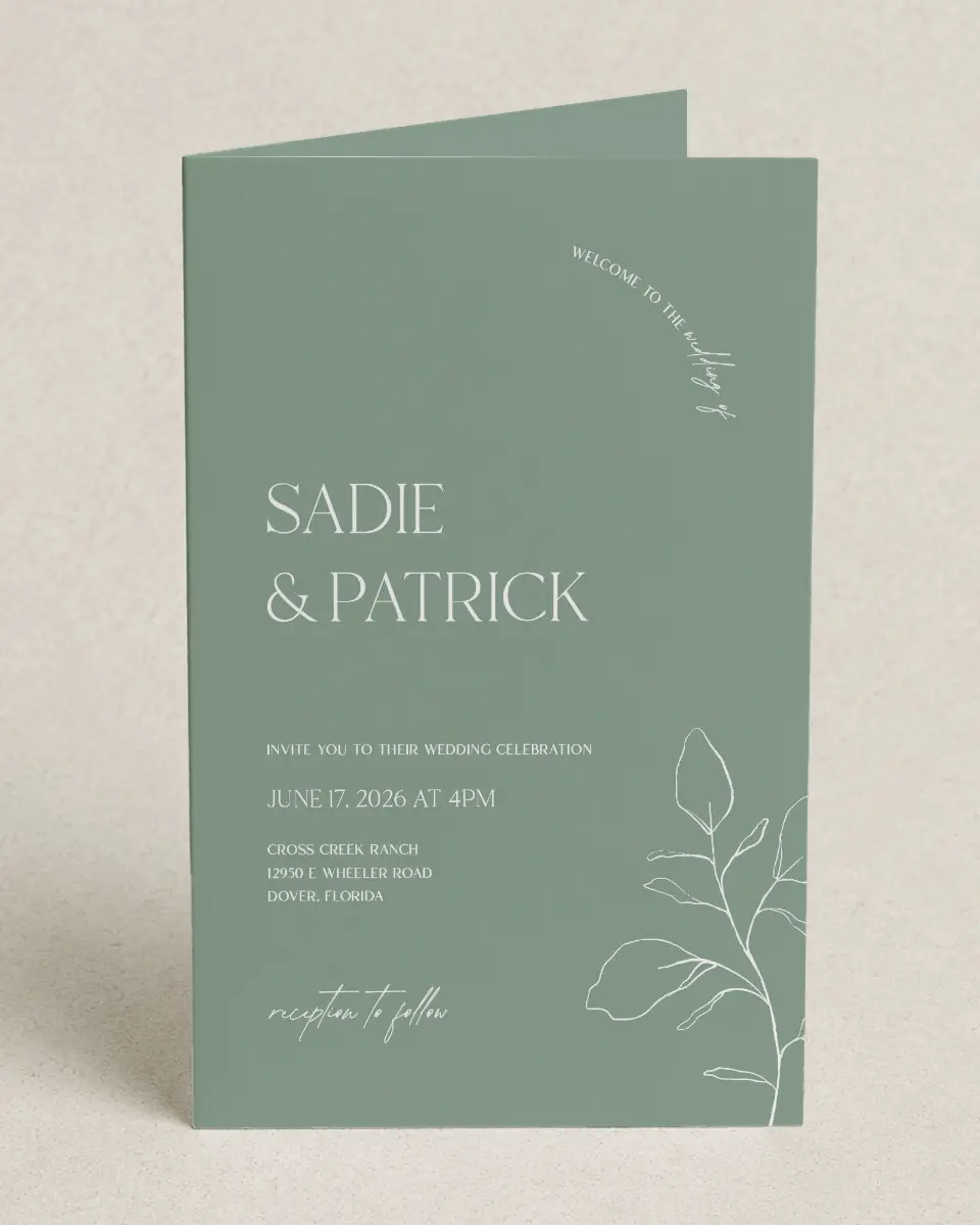 This is a 5" x 7⅞" Folded Half-fold Wedding Program called The Sadie printed in full color on Premium Smooth paper