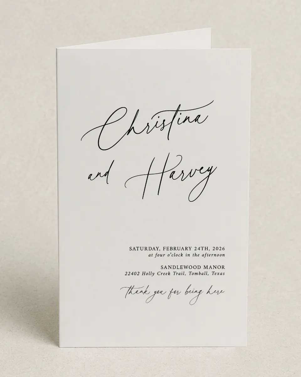 This is a 5" x 7⅞" Folded Half-fold Wedding Program called The Christina printed in full color on Premium Smooth paper