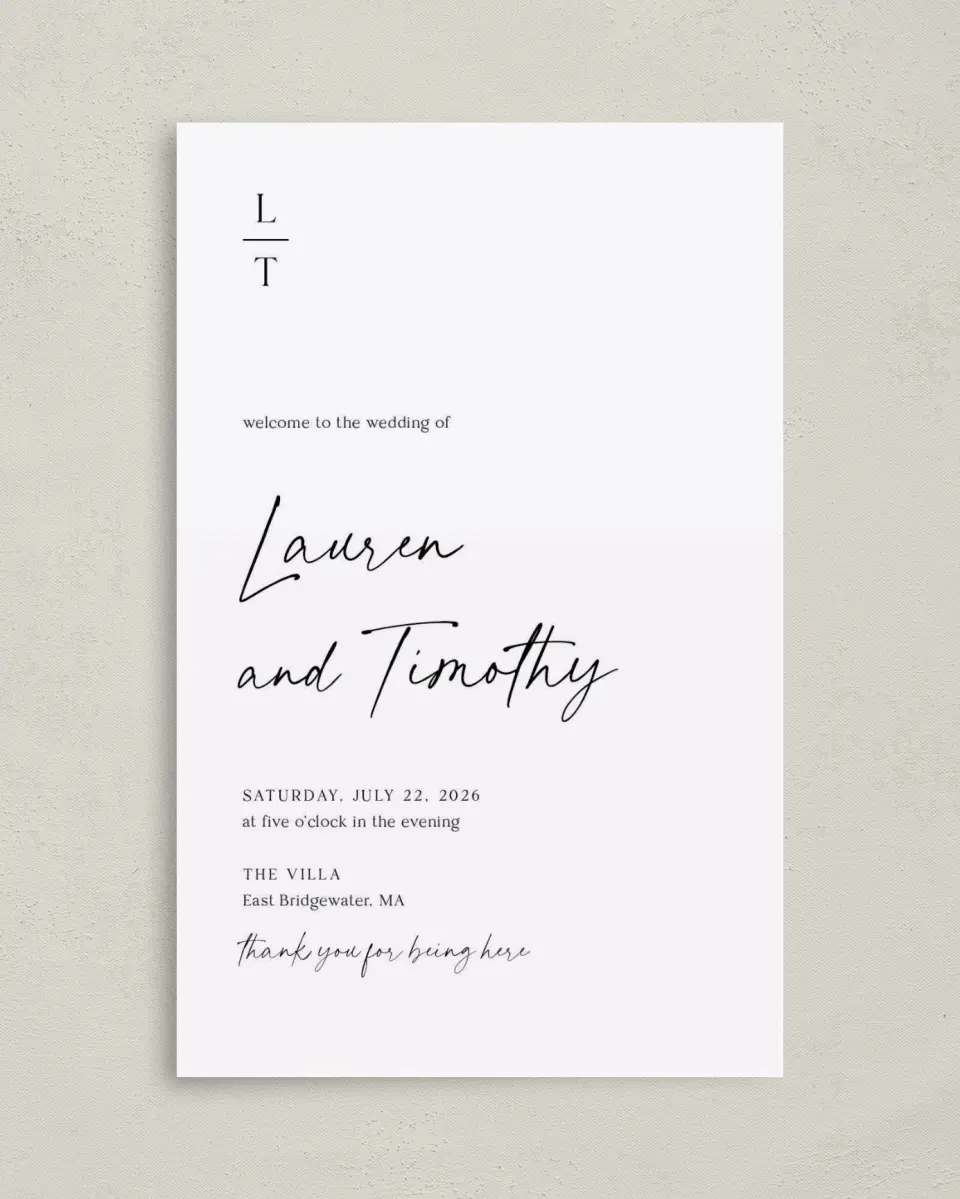 This is a 5" x 7⅞" Folded Half-fold Wedding Program called The Lauren printed in full color with Rose Gold foil on Luxe Satin (coated) paper