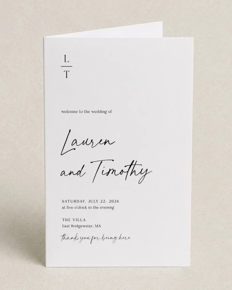 This is a 5" x 7⅞" Folded Half-fold Wedding Program called The Lauren printed in full color on Premium Smooth paper