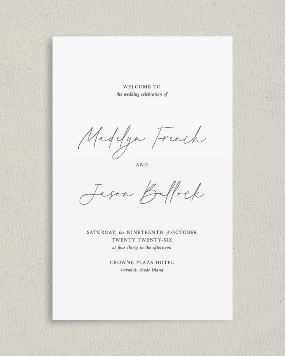 This is a 5" x 7⅞" Folded Half-fold Wedding Program called The Madelyn printed in full color with Rose Gold foil on Luxe Satin (coated) paper