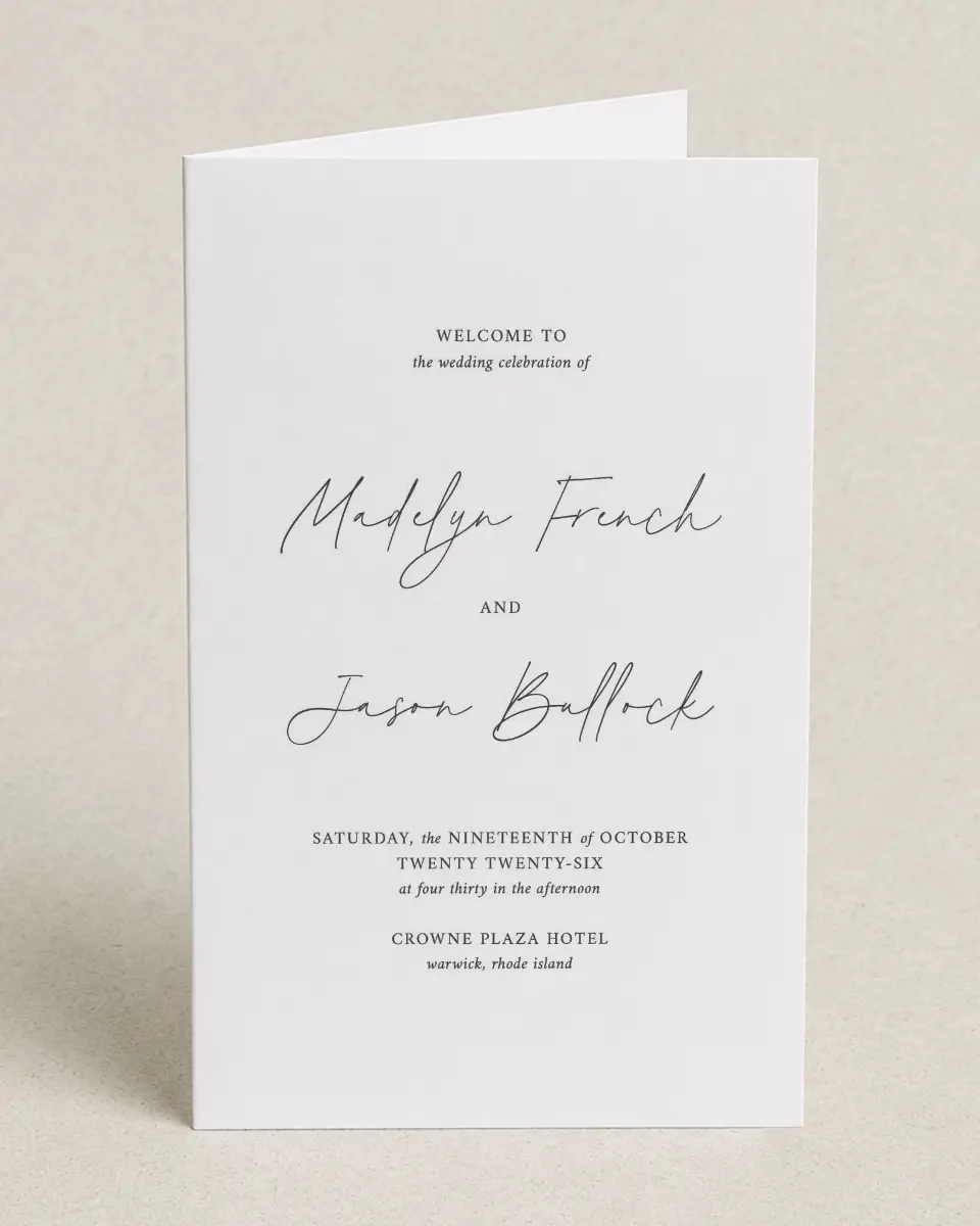 This is a 5" x 7⅞" Folded Half-fold Wedding Program called The Madelyn printed in full color on Premium Smooth paper