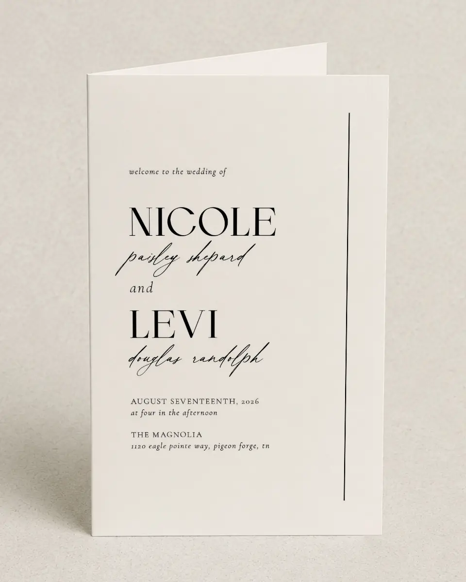This is a 5" x 7⅞" Folded Half-fold Wedding Program called The Nicole printed in full color on Premium Smooth paper