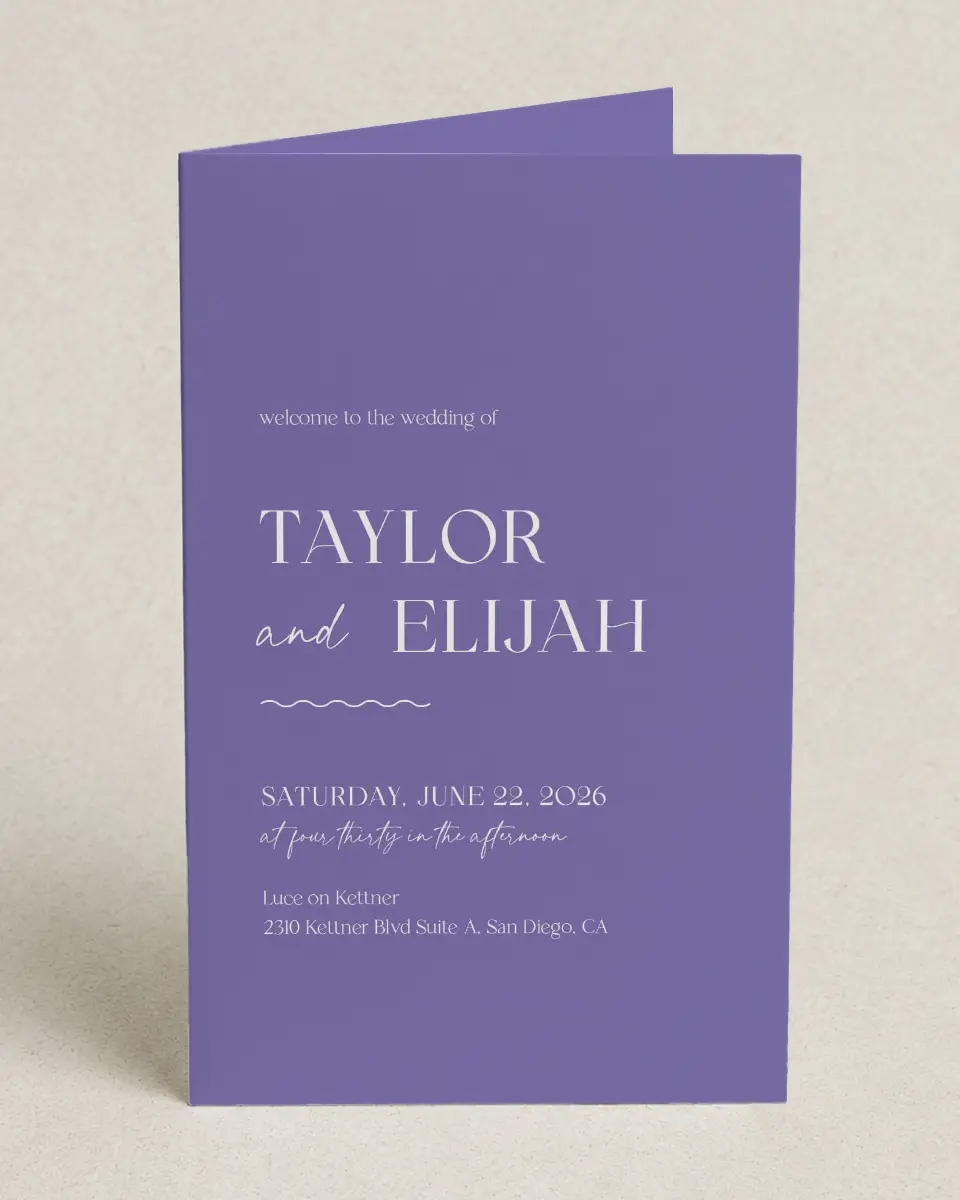 This is a 5" x 7⅞" Folded Half-fold Wedding Program called The Taylor printed in full color on Premium Smooth paper