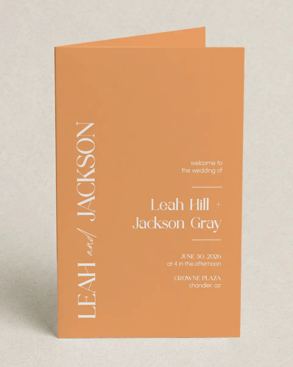 This is a 5" x 7⅞" Folded Half-fold Wedding Program called The Leah printed in full color on Premium Smooth paper