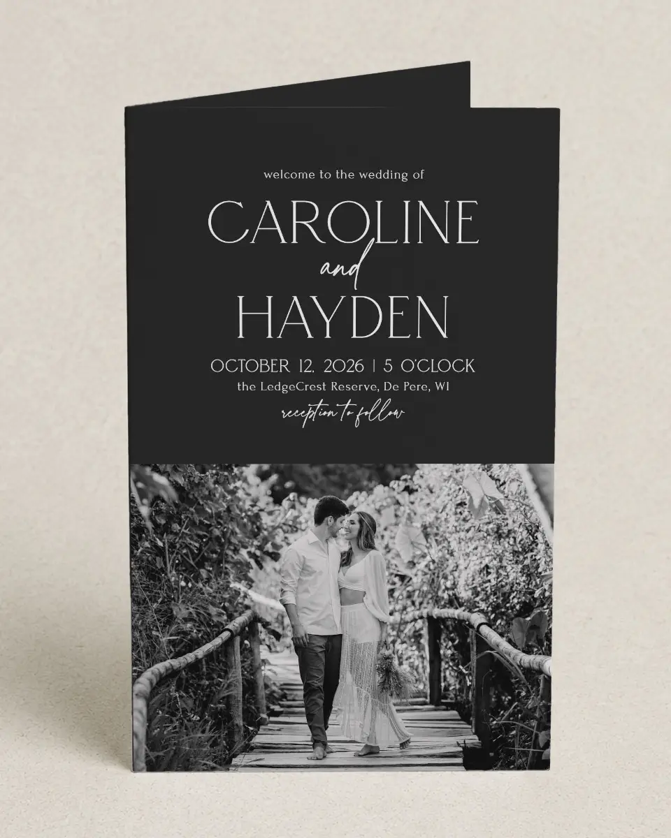 This is a 5" x 7⅞" Folded Half-fold Wedding Program called The Caroline printed in full color on Premium Smooth paper