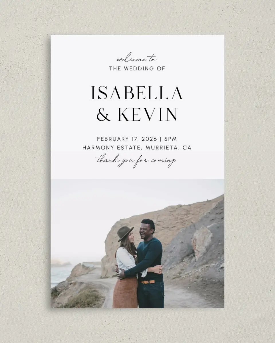 This is a 5" x 7⅞" Folded Half-fold Wedding Program called The Isabella printed in full color with Rose Gold foil on Luxe Satin (coated) paper