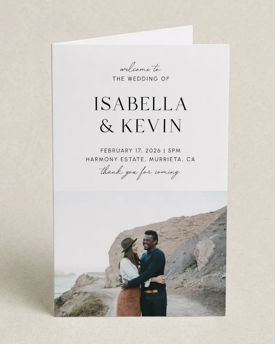 This is a 5" x 7⅞" Folded Half-fold Wedding Program called The Isabella printed in full color on Premium Smooth paper