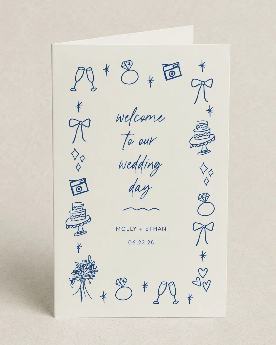 This is a 5" x 7⅞" Folded Half-fold Wedding Program called Drawn To You printed in full color on Premium Smooth paper