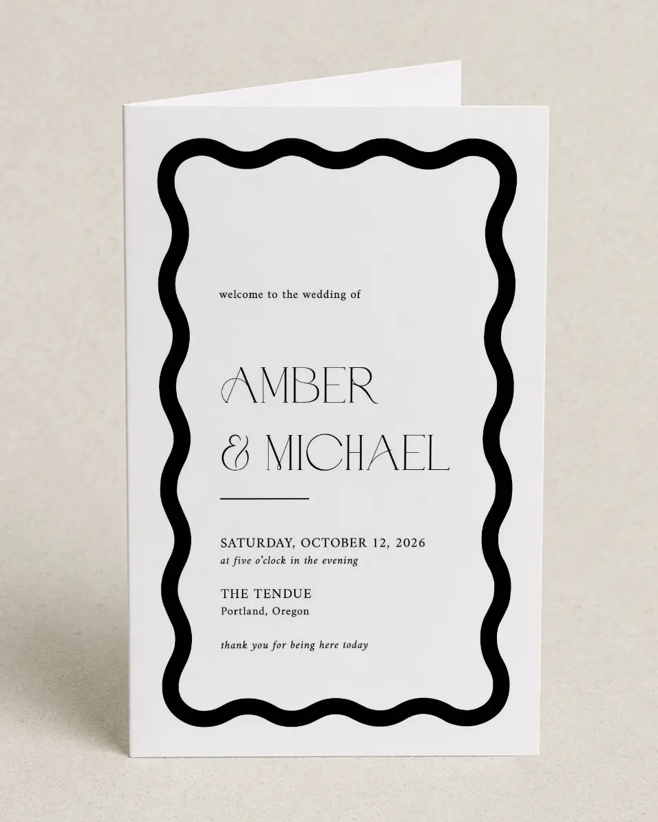 This is a 5" x 7⅞" Folded Half-fold Wedding Program called The Amber printed in full color on Premium Smooth paper