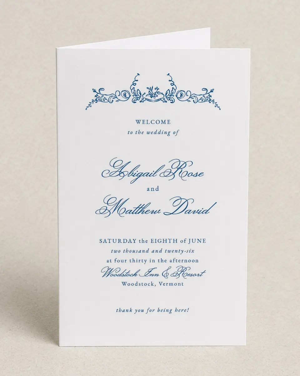 This is a 5" x 7⅞" Folded Half-fold Wedding Program called Ornamental Elegance printed in full color on Premium Smooth paper