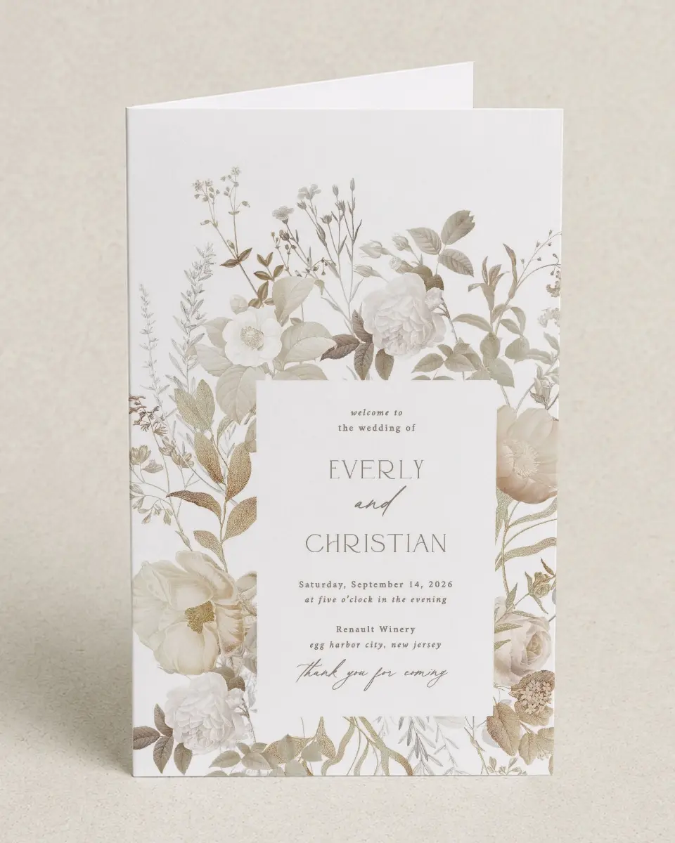This is a 5" x 7⅞" Folded Half-fold Wedding Program called The Everly printed in full color on Premium Smooth paper