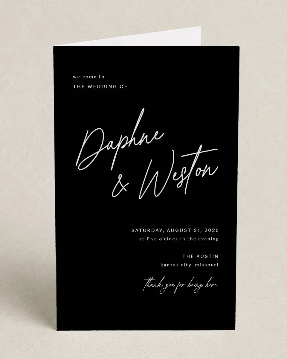 This is a 5" x 7⅞" Folded Half-fold Wedding Program called Scripted Love printed in full color on Premium Smooth paper