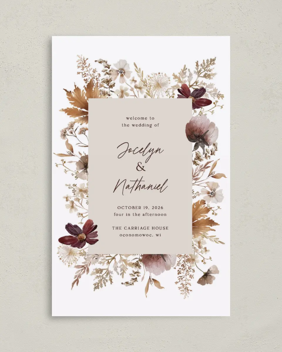 This is a 5" x 7⅞" Folded Half-fold Wedding Program called Autumn Wildflowers printed in full color with Rose Gold foil on Luxe Satin (coated) paper