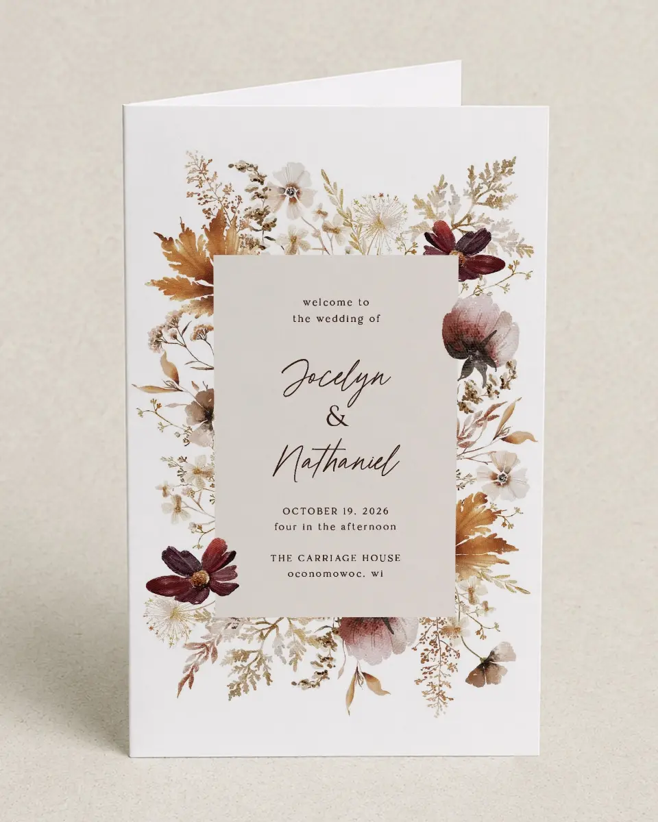 This is a 5" x 7⅞" Folded Half-fold Wedding Program called Autumn Wildflowers printed in full color on Premium Smooth paper