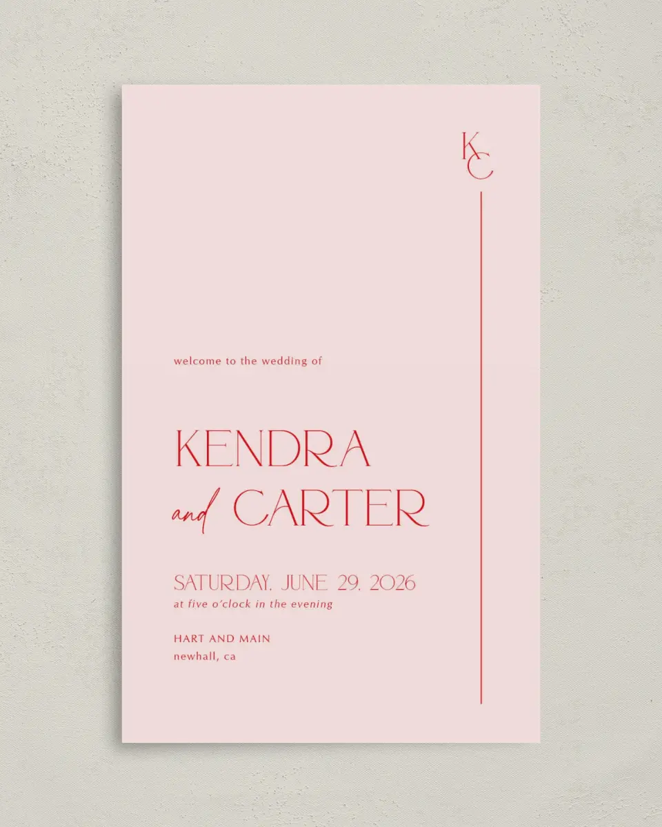 This is a 5" x 7⅞" Folded Half-fold Wedding Program called Initial Unity printed in full color with Rose Gold foil on Luxe Satin (coated) paper