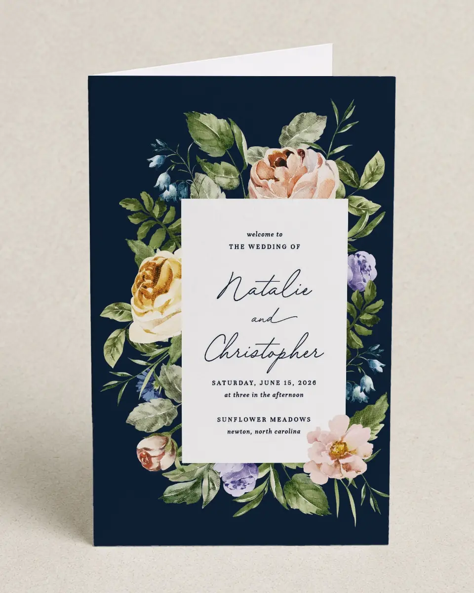 This is a 5" x 7⅞" Folded Half-fold Wedding Program called The Natalie printed in full color on Premium Smooth paper