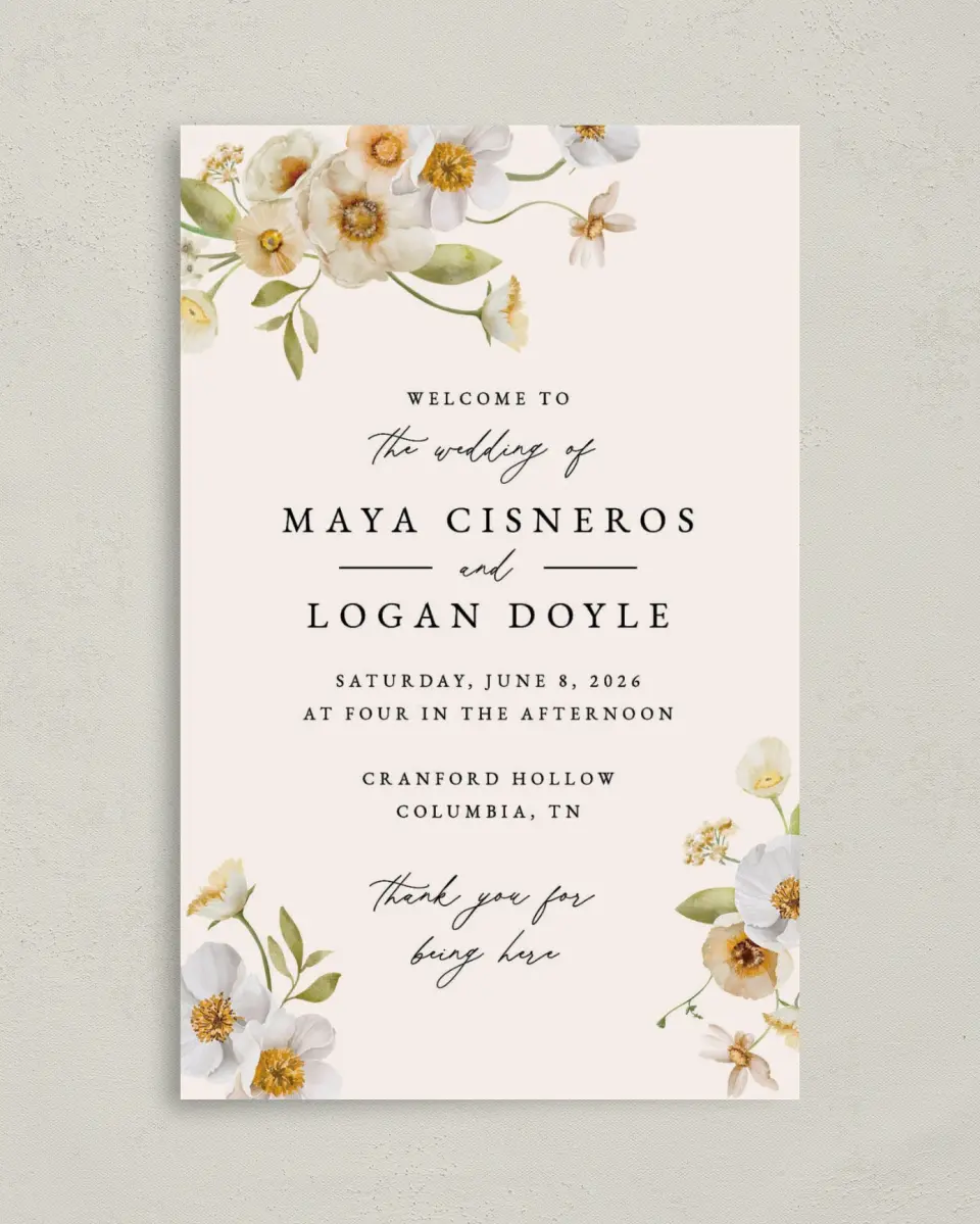 This is a 5" x 7⅞" Folded Half-fold Wedding Program called Charming Cosmos printed in full color with Rose Gold foil on Luxe Satin (coated) paper