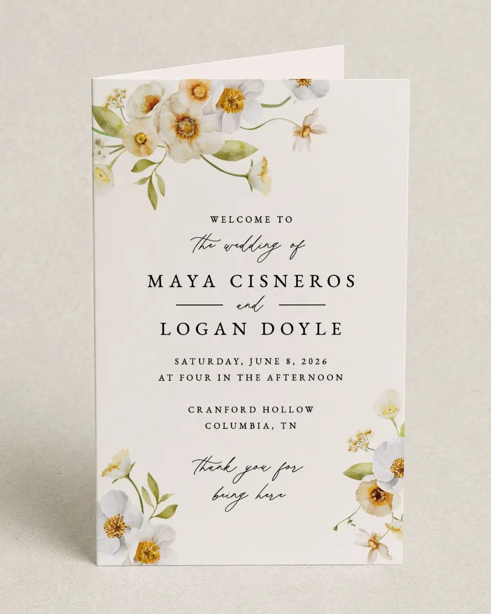 This is a 5" x 7⅞" Folded Half-fold Wedding Program called Charming Cosmos printed in full color on Premium Smooth paper