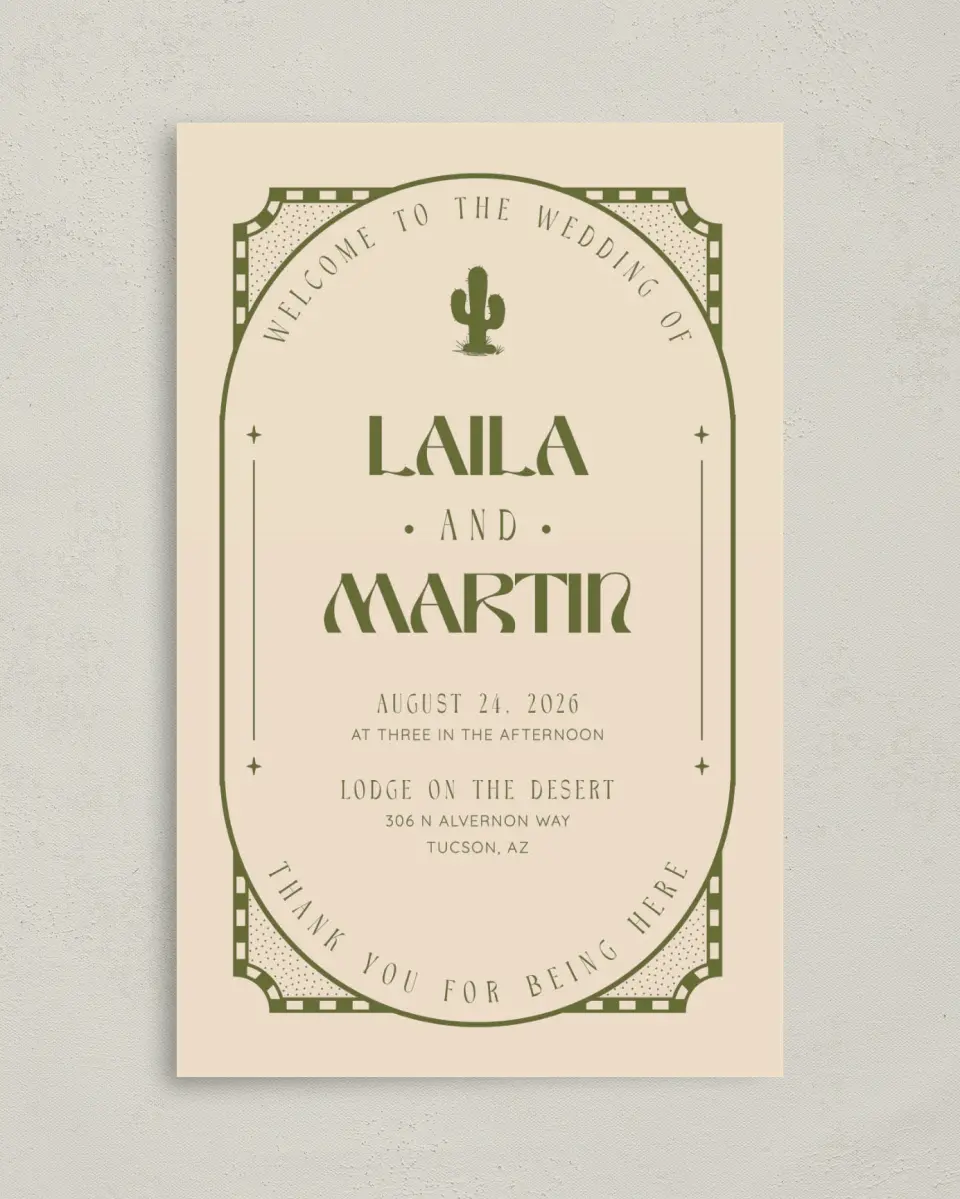 This is a 5" x 7⅞" Folded Half-fold Wedding Program called Desert Funk printed in full color with Rose Gold foil on Luxe Satin (coated) paper