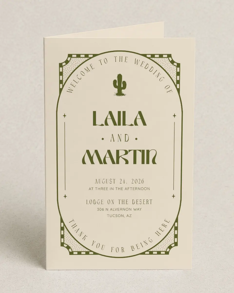 This is a 5" x 7⅞" Folded Half-fold Wedding Program called Desert Funk printed in full color on Premium Smooth paper