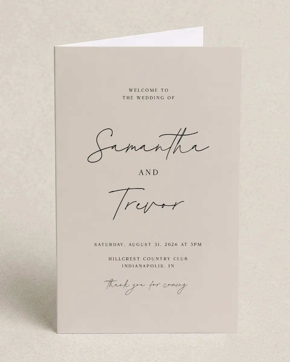 This is a 5" x 7⅞" Folded Half-fold Wedding Program called The Samantha printed in full color on Premium Smooth paper