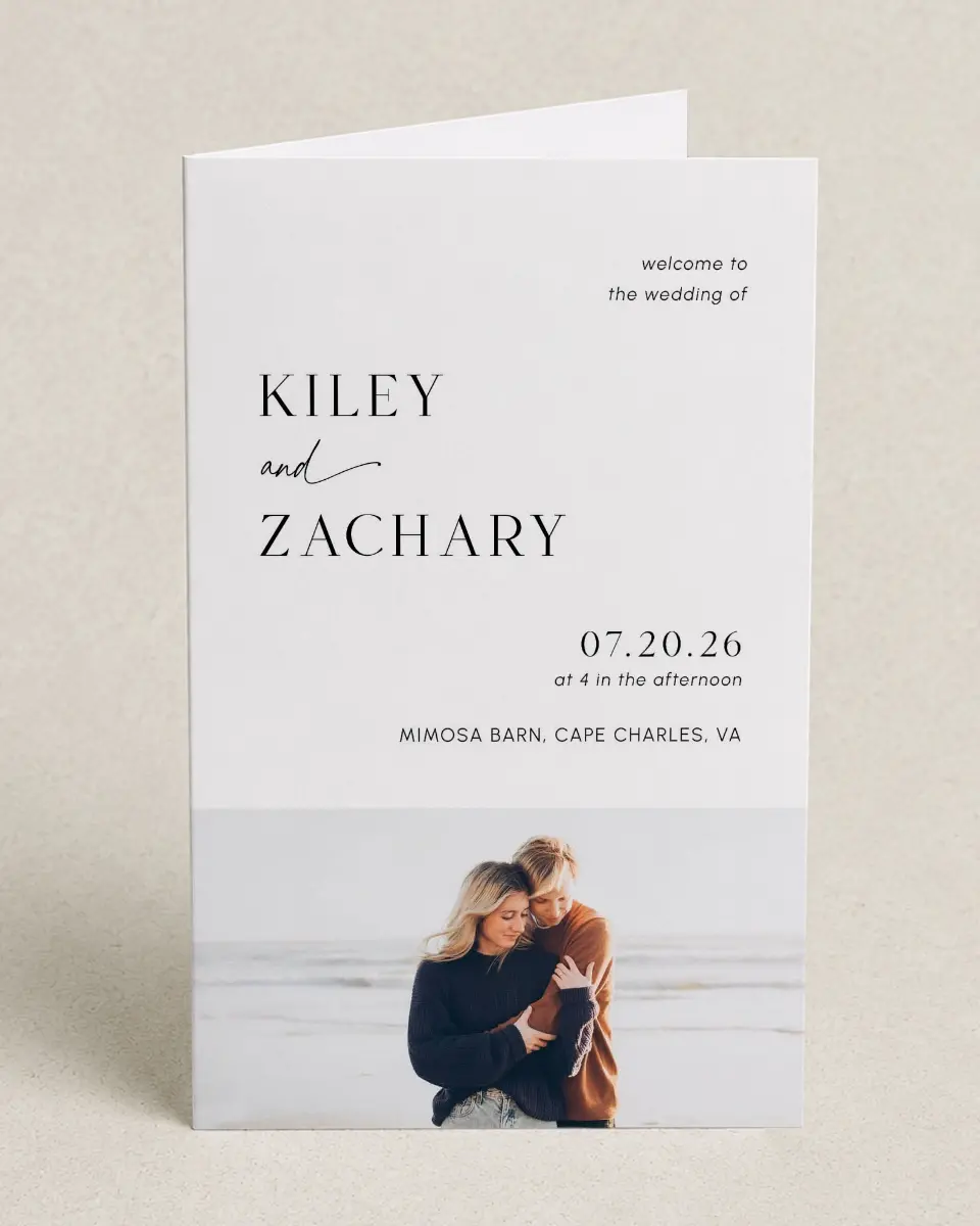 This is a 5" x 7⅞" Folded Half-fold Wedding Program called Picturesque printed in full color on Premium Smooth paper