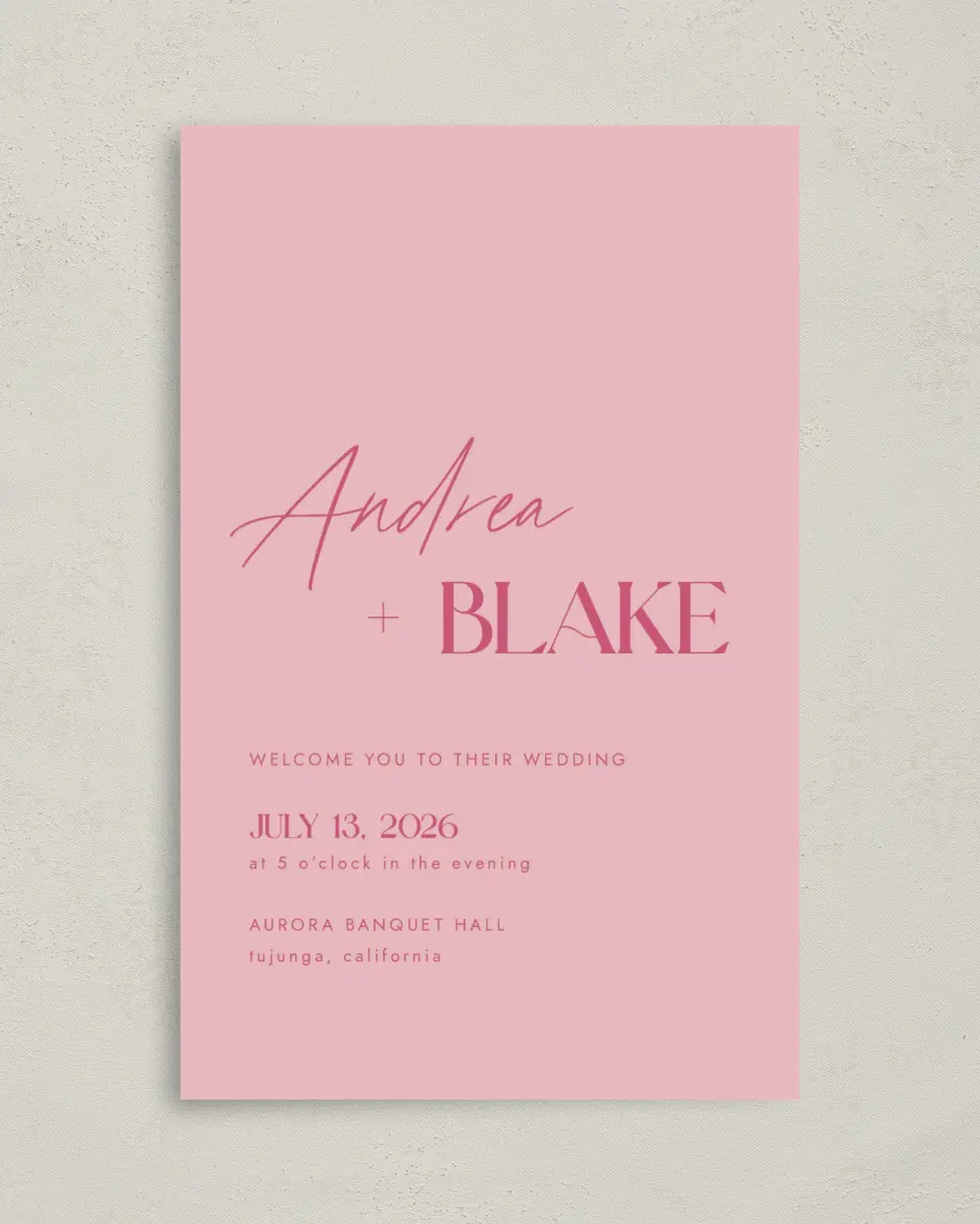 This is a 5" x 7⅞" Folded Half-fold Wedding Program called The Andrea printed in full color with Rose Gold foil on Luxe Satin (coated) paper