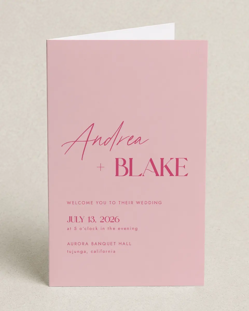 This is a 5" x 7⅞" Folded Half-fold Wedding Program called The Andrea printed in full color on Premium Smooth paper