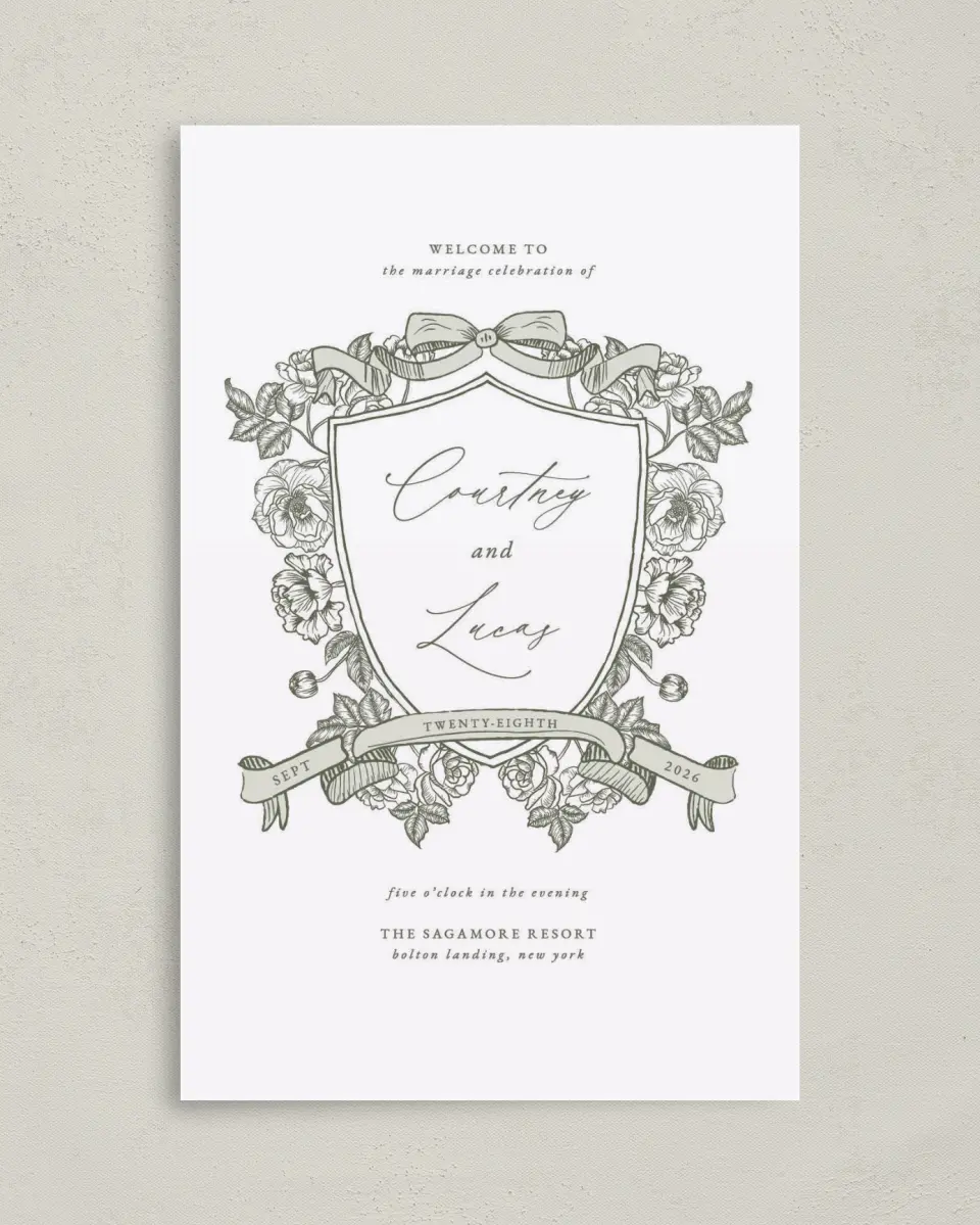 This is a 5" x 7⅞" Folded Half-fold Wedding Program called Elegant Crest printed in full color on Premium Smooth paper