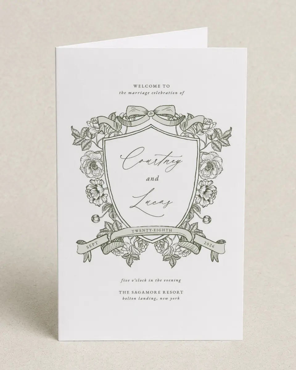 This is a 5" x 7⅞" Folded Half-fold Wedding Program called Elegant Crest printed in full color on Premium Smooth paper