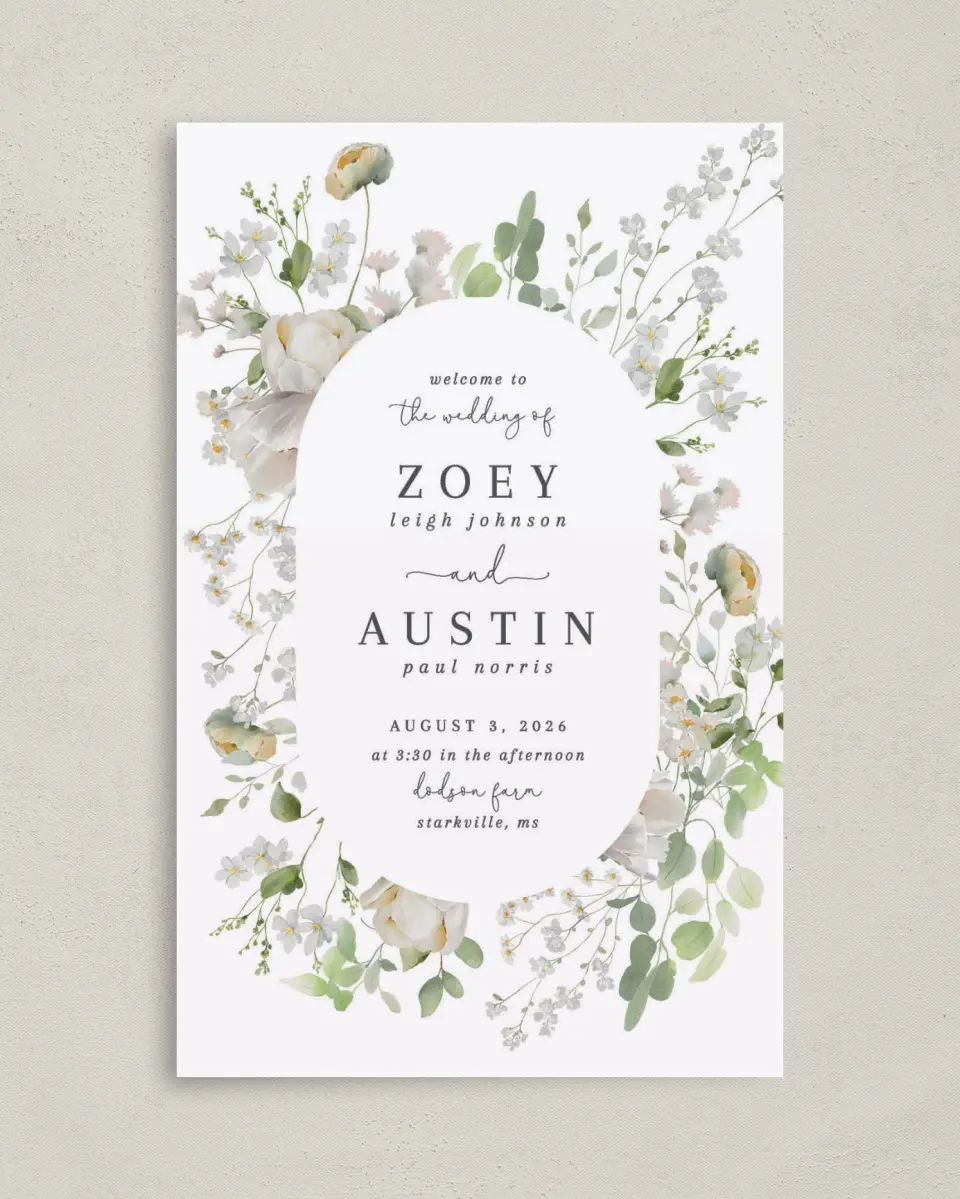 This is a 5" x 7⅞" Folded Half-fold Wedding Program called The Zoey printed in full color with Rose Gold foil on Luxe Satin (coated) paper