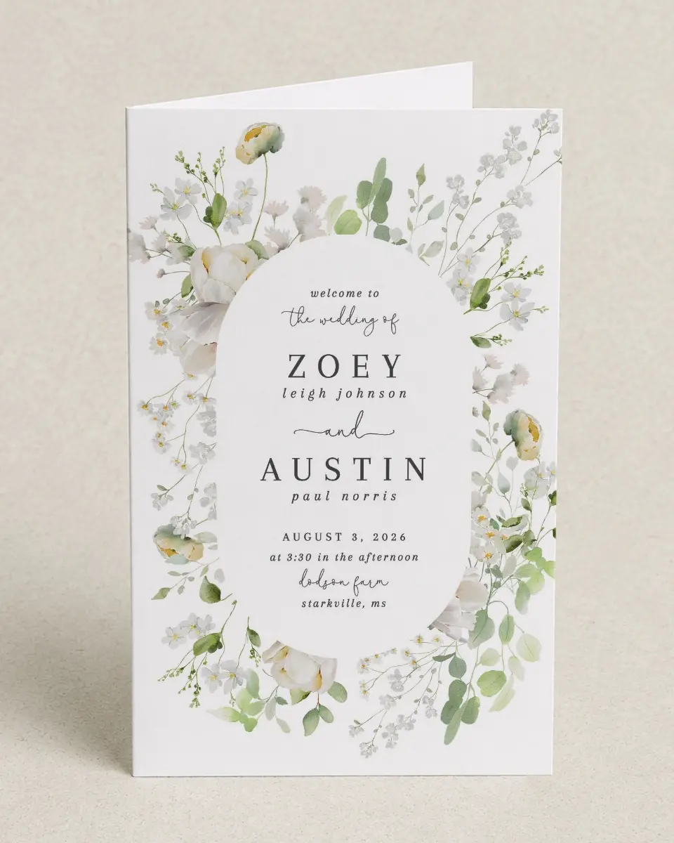 This is a 5" x 7⅞" Folded Half-fold Wedding Program called The Zoey printed in full color on Premium Smooth paper