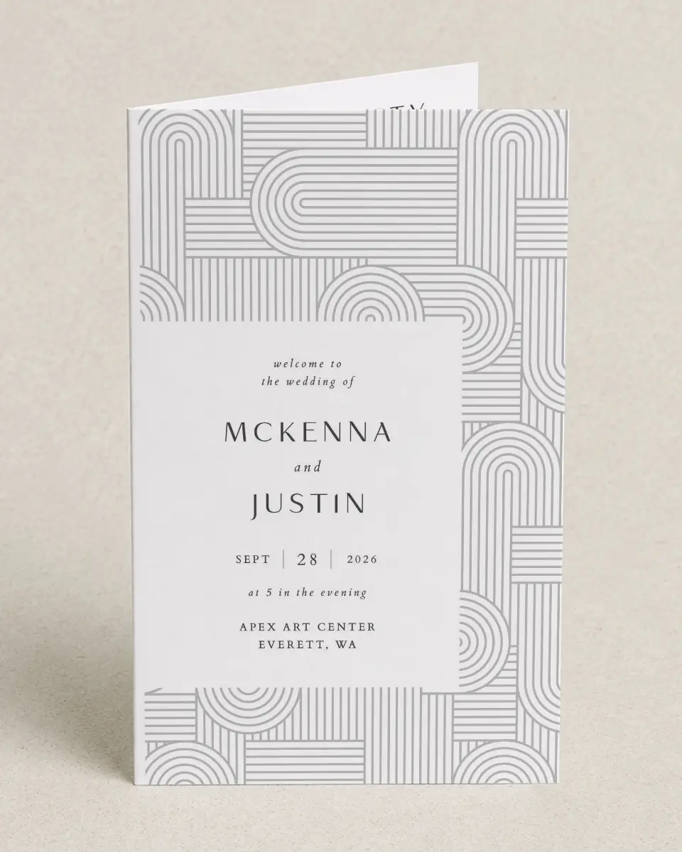 This is a 5" x 7⅞" Folded Half-fold Wedding Program called Geometric Elegance printed in full color on Premium Smooth paper