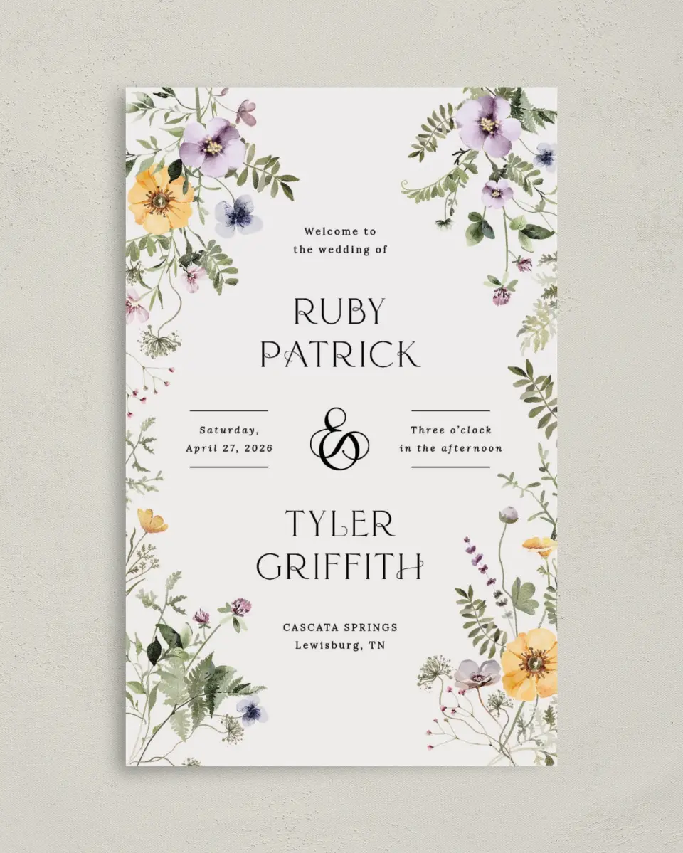 This is a 5" x 7⅞" Folded Half-fold Wedding Program called The Ruby printed in full color with Rose Gold foil on Luxe Satin (coated) paper