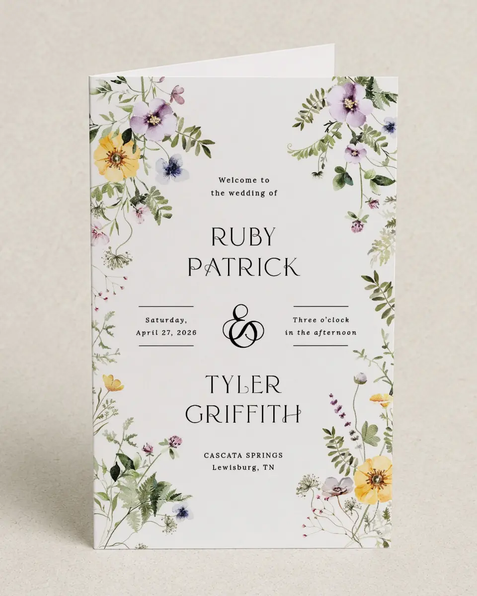 This is a 5" x 7⅞" Folded Half-fold Wedding Program called The Ruby printed in full color on Premium Smooth paper