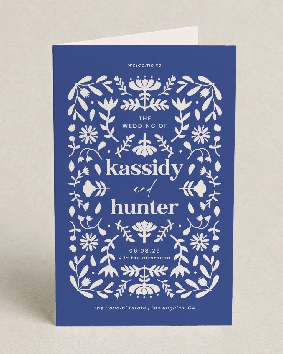 This is a 5" x 7⅞" Folded Half-fold Wedding Program called The Kassidy printed in full color on Premium Smooth paper