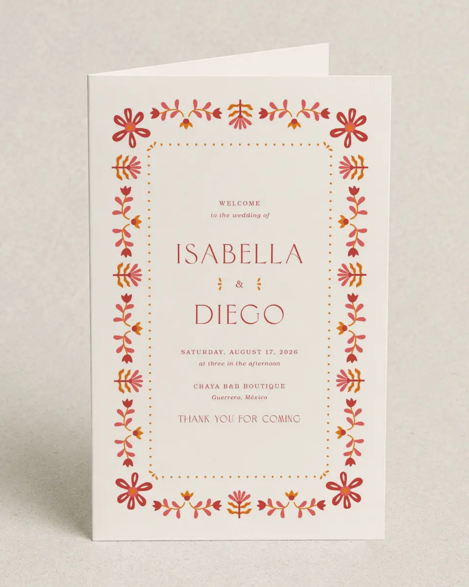 This is a 5" x 7⅞" Folded Half-fold Wedding Program called Folk Fiesta printed in full color on Premium Smooth paper